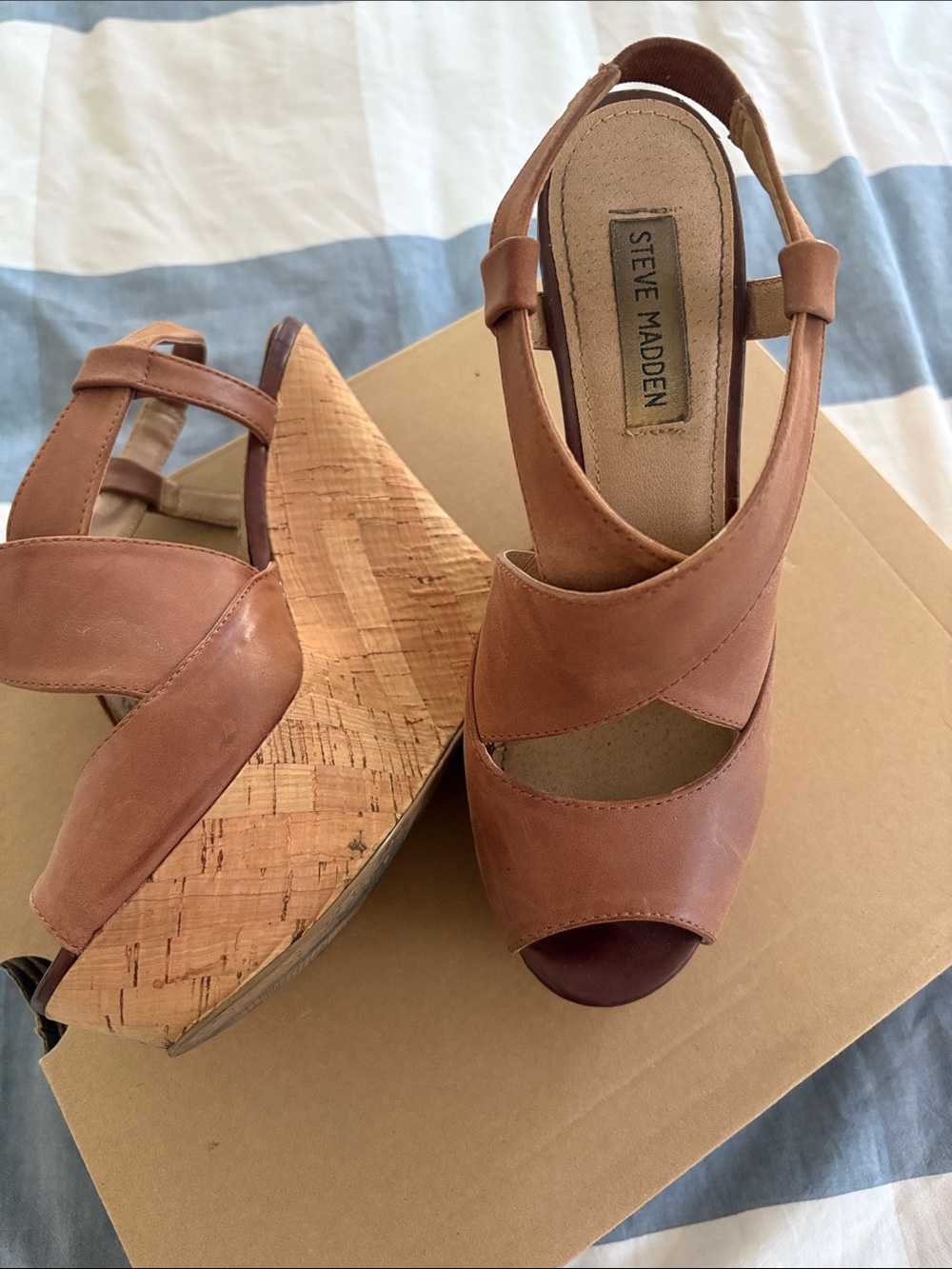 Steve Madden Brown Leather Cork Wedge Sandals